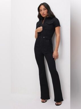 Good American Black Short-Sleeve Utility Jumpsuit with Belt